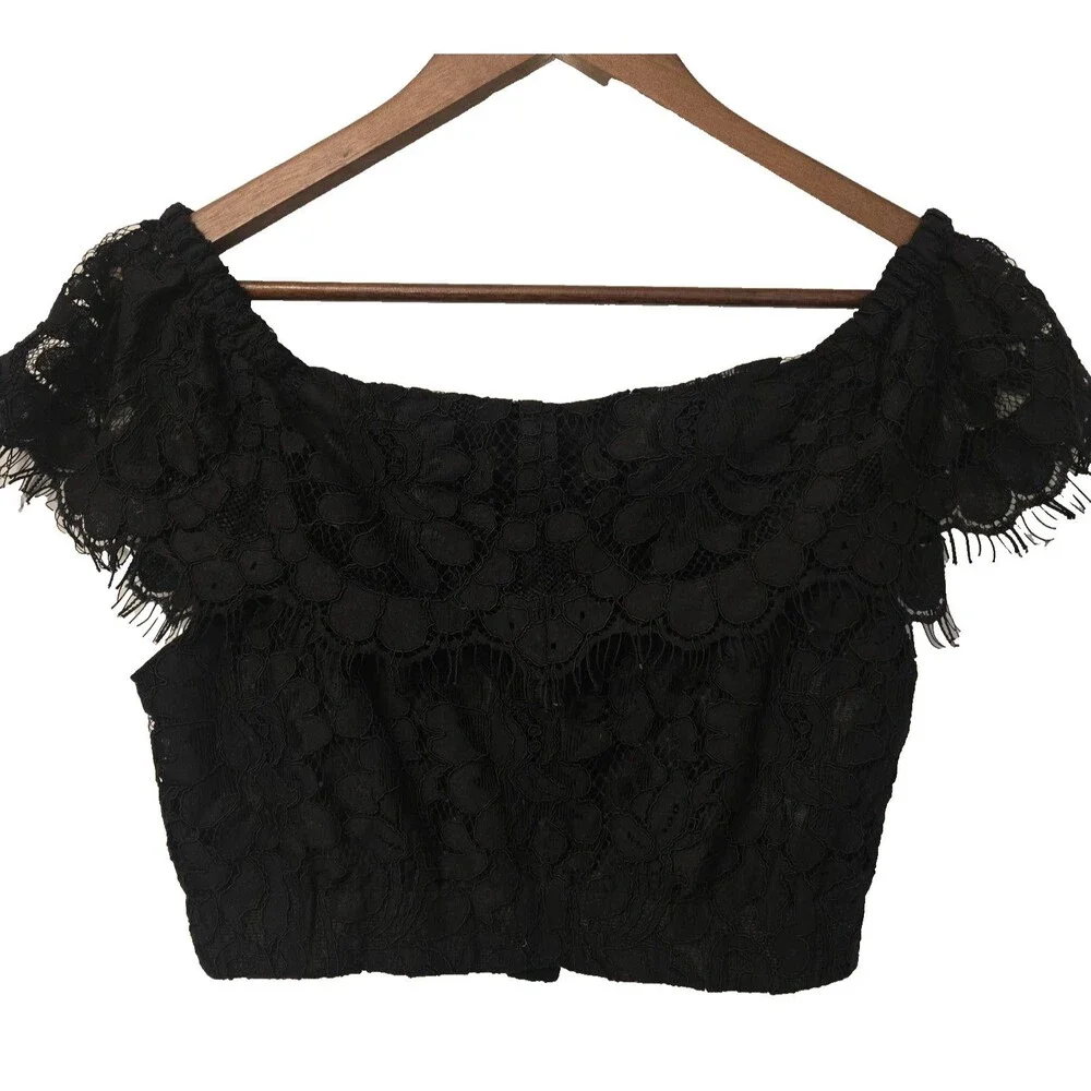 Wayf Black Lace Corset Crop Top M Button Up Eyelash Fringe Whimsigoth Fairy Dark